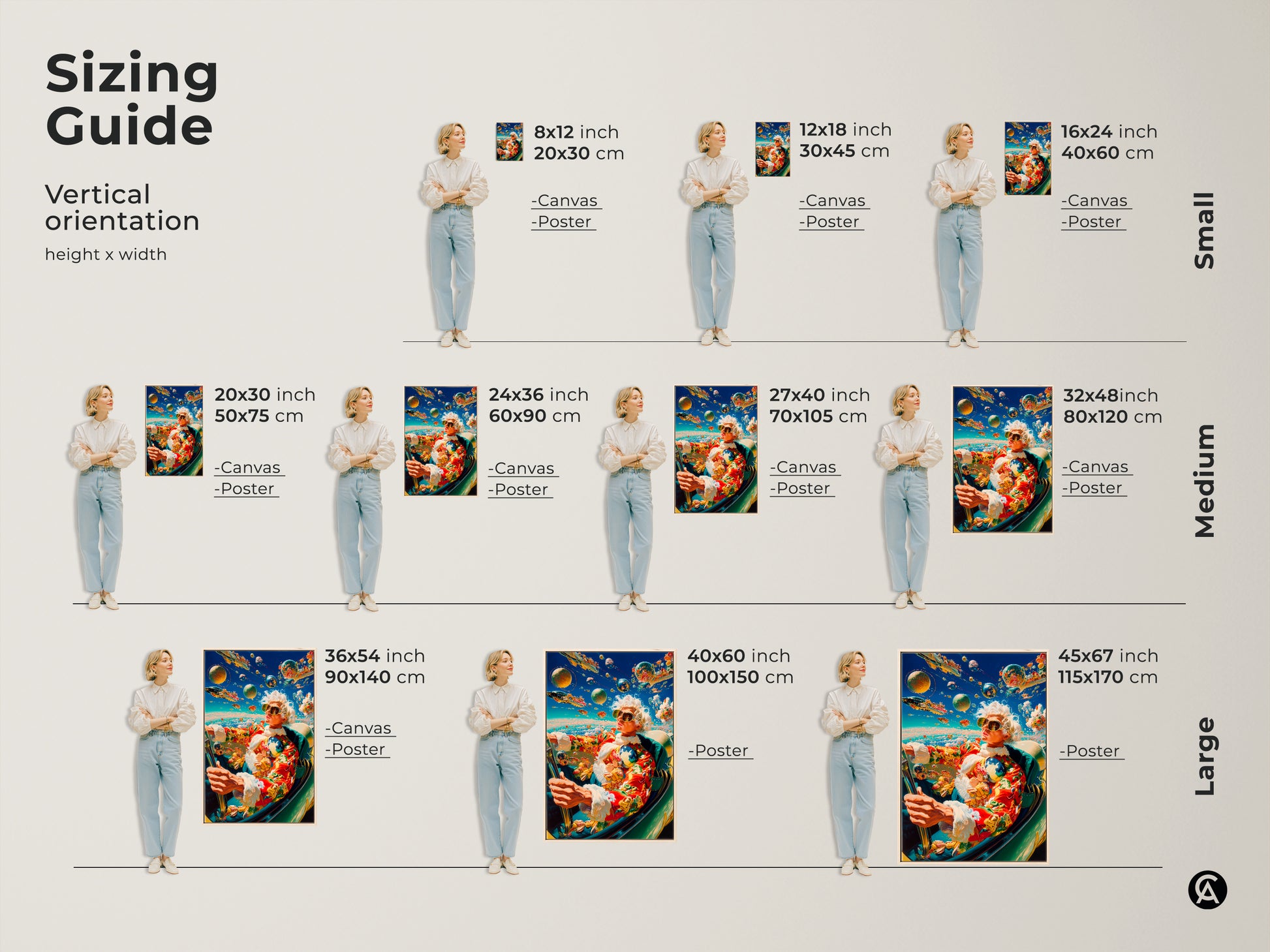 This sizing guide shows vertical artwork orientation. It displays height and width measurements. Available sizes range from small to large. Find canvas and poster sizes for your home decor project.
