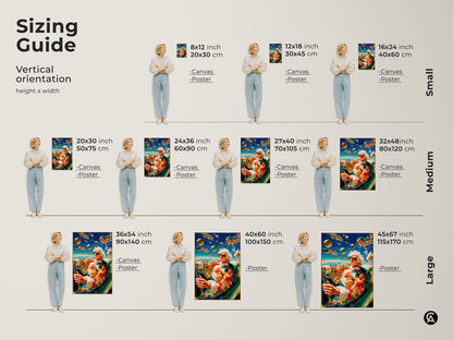 This sizing guide shows vertical artwork orientation. It displays height and width measurements. Available sizes range from small to large. Find canvas and poster sizes for your home decor project.