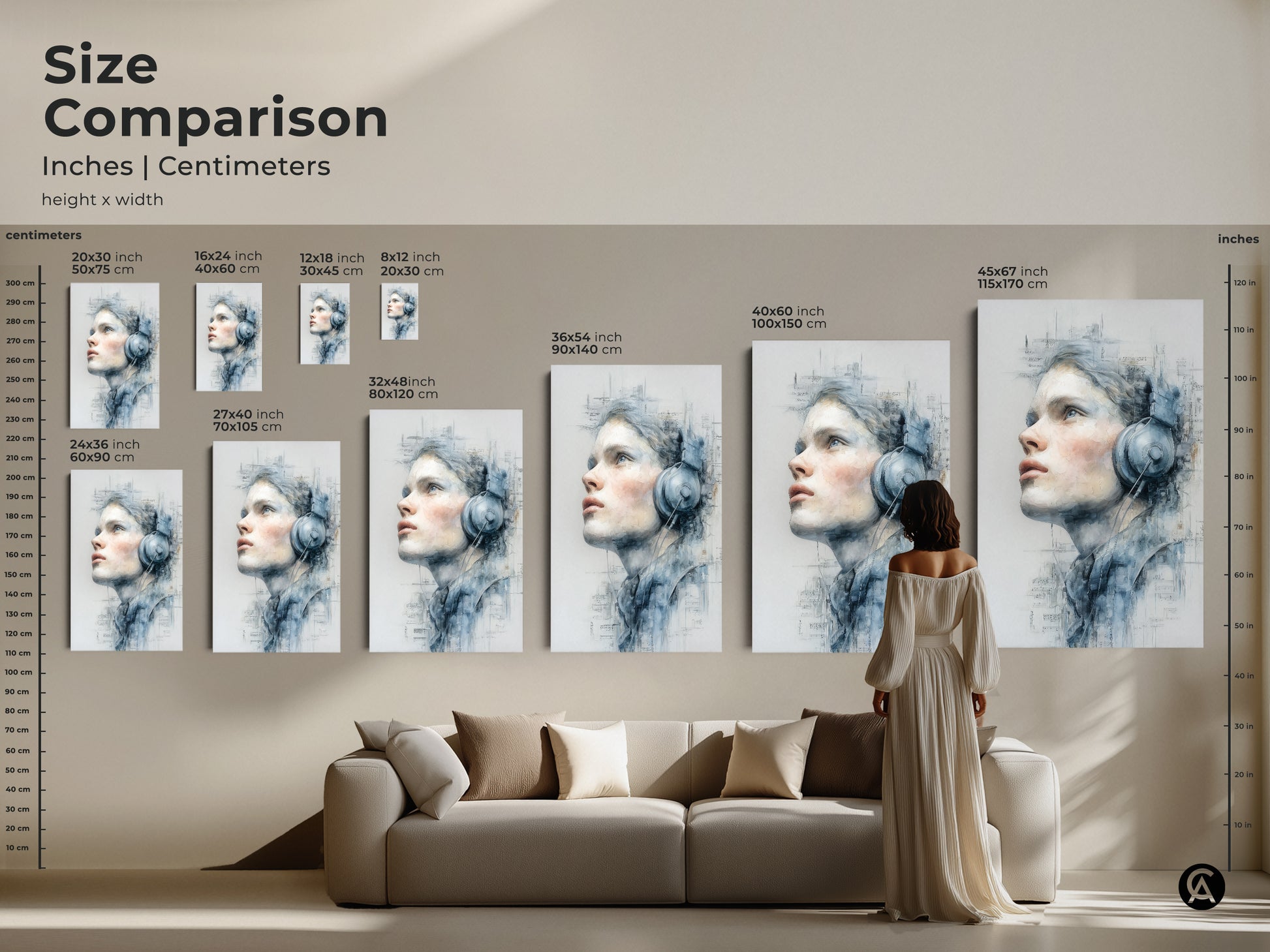 Size comparison of artwork featuring a woman with headphones. See how different sizes fit within your living room. Visualize the impact of this art in your space. Find the perfect size for your home decor.