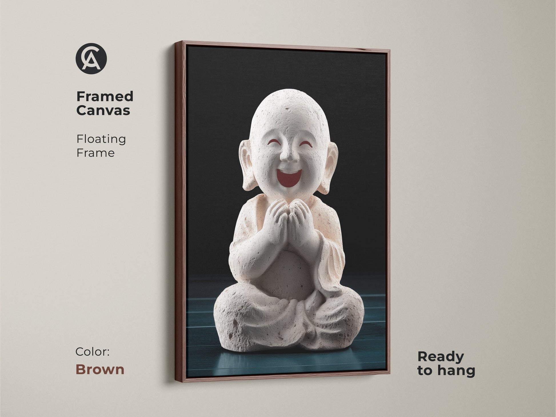 Framed Canvas of Minimalist Buddha Wall Art with brown floating frame. This spiritual artwork is ready to hang. It adds Asian-inspired art to your decor. This is perfect office meditation art.