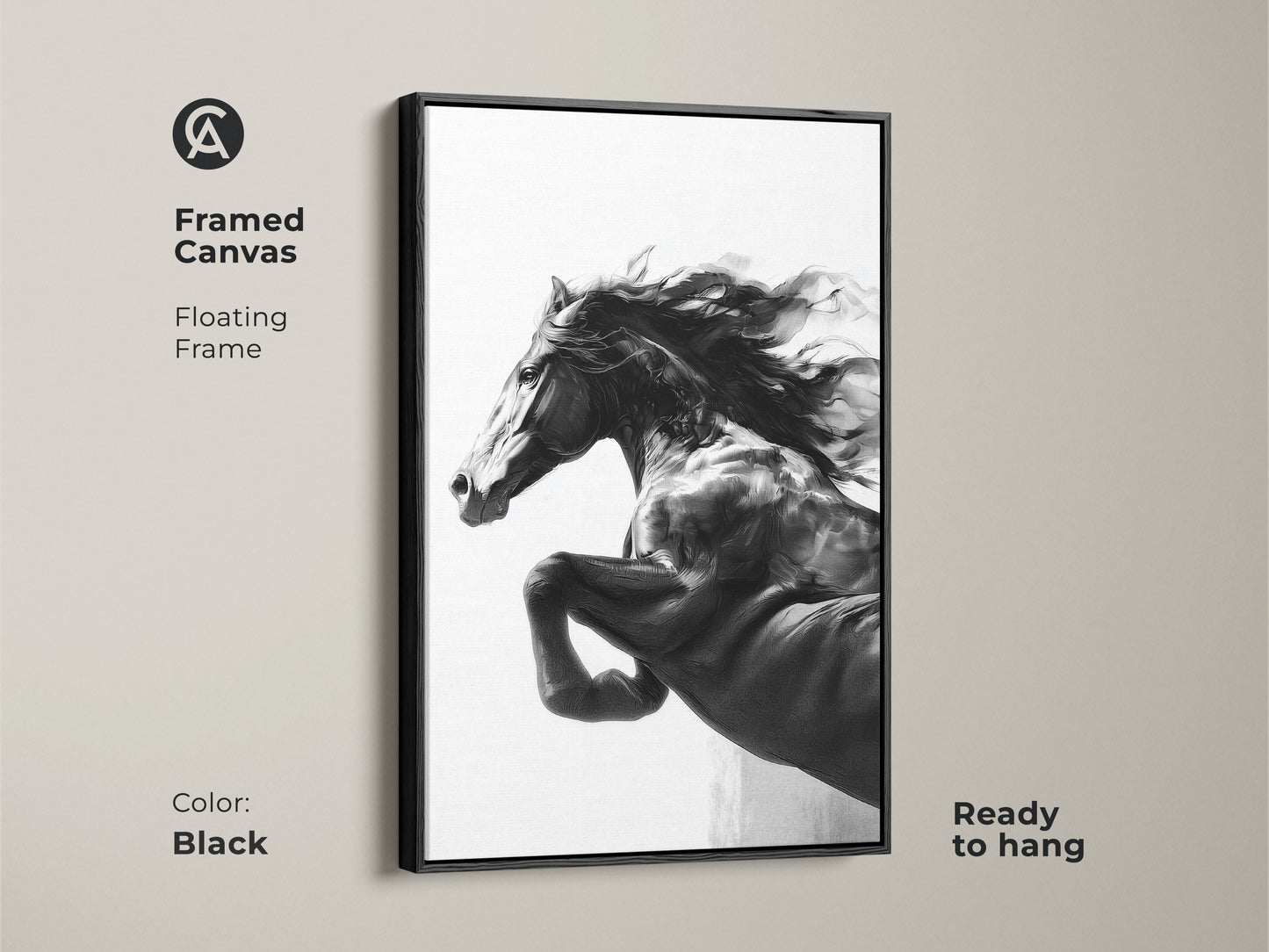 A framed canvas featuring monochrome horse art. The black and white stallion is ready to hang. Floating frame contemporary animal decor. This is an elegant horse lover gift art. The modern wildlife print adds a sophisticated touch to your home.