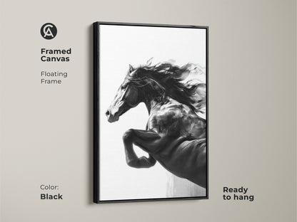 A framed canvas featuring monochrome horse art. The black and white stallion is ready to hang. Floating frame contemporary animal decor. This is an elegant horse lover gift art. The modern wildlife print adds a sophisticated touch to your home.