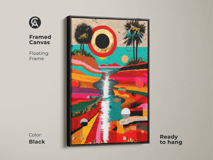 Framed canvas showcases abstract tropical wall art. The black floating frame enhances the colorful landscape canvas. This bohemian home decor art is ready to hang. It adds an artistic touch to any room as large abstract wall decor.