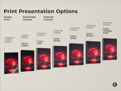 Explore presentation options for a surreal cityscape art print. Choose from poster prints stretched canvases and framed canvases. Find the perfect style for your urban home gift with museum quality and floating frame options.
