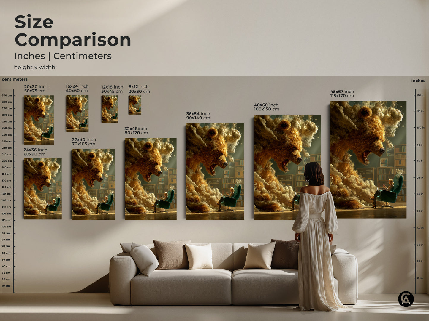 Size comparison of surreal bear art prints. Inches and centimeters are compared to a sofa and a model. A range of sizes are displayed.