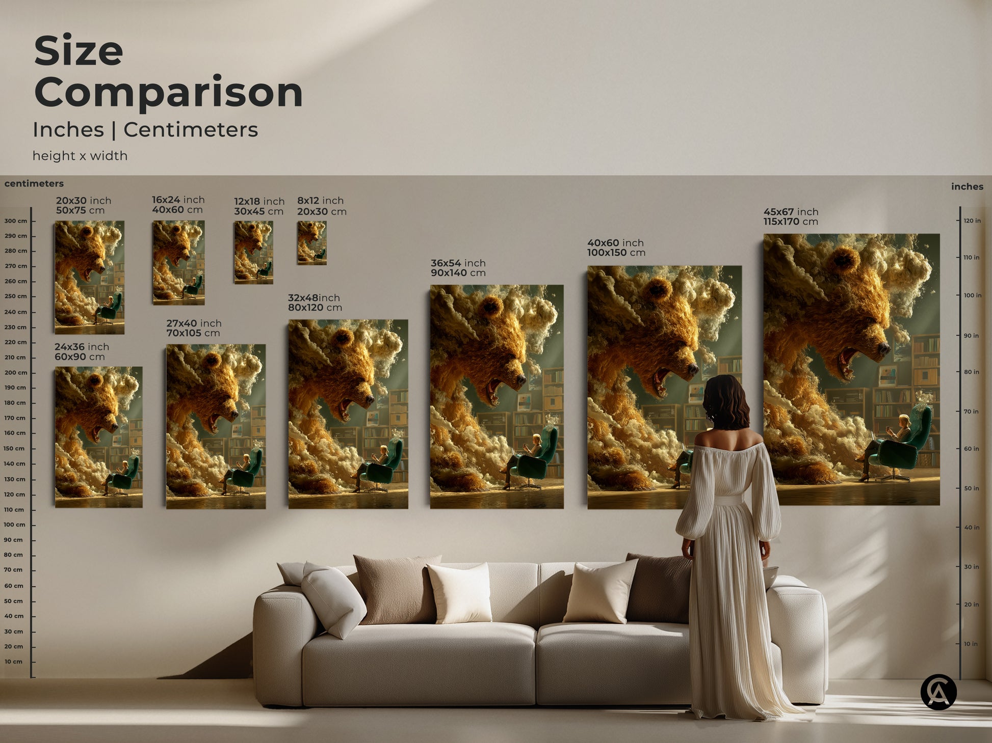 Size comparison of surreal bear art prints. Inches and centimeters are compared to a sofa and a model. A range of sizes are displayed.