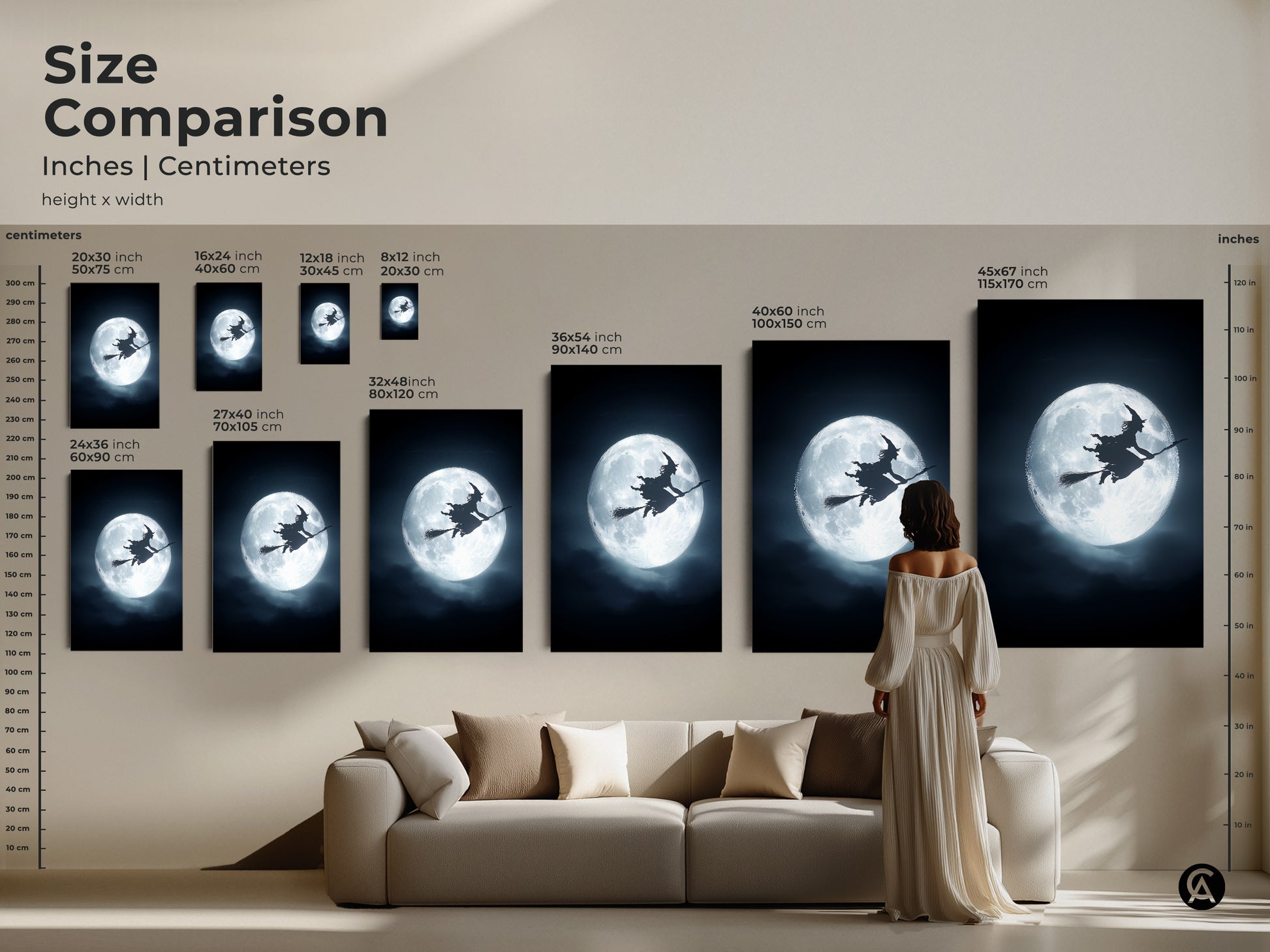 Size comparison of gothic Halloween fantasy art prints.  A witch on a broomstick silhouetted against a full moon artwork is available in multiple sizes. Perfect as gothic bedroom art or Halloween home decor.