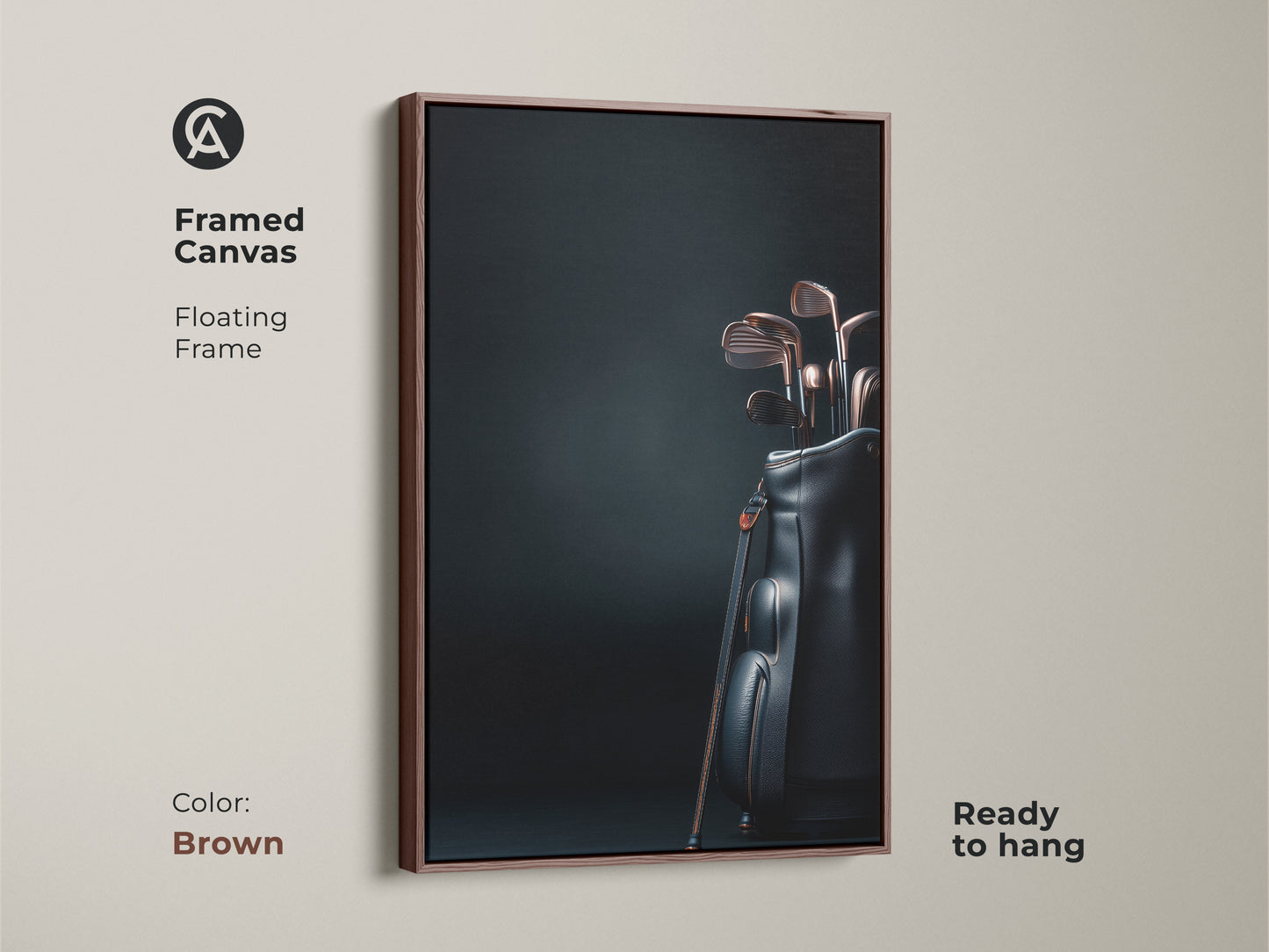 Framed canvas art print featuring golf clubs in a black bag. The floating frame is brown. The artwork is ready to hang. This stylish sports themed piece adds sophistication to any room. Purchase this framed art today.