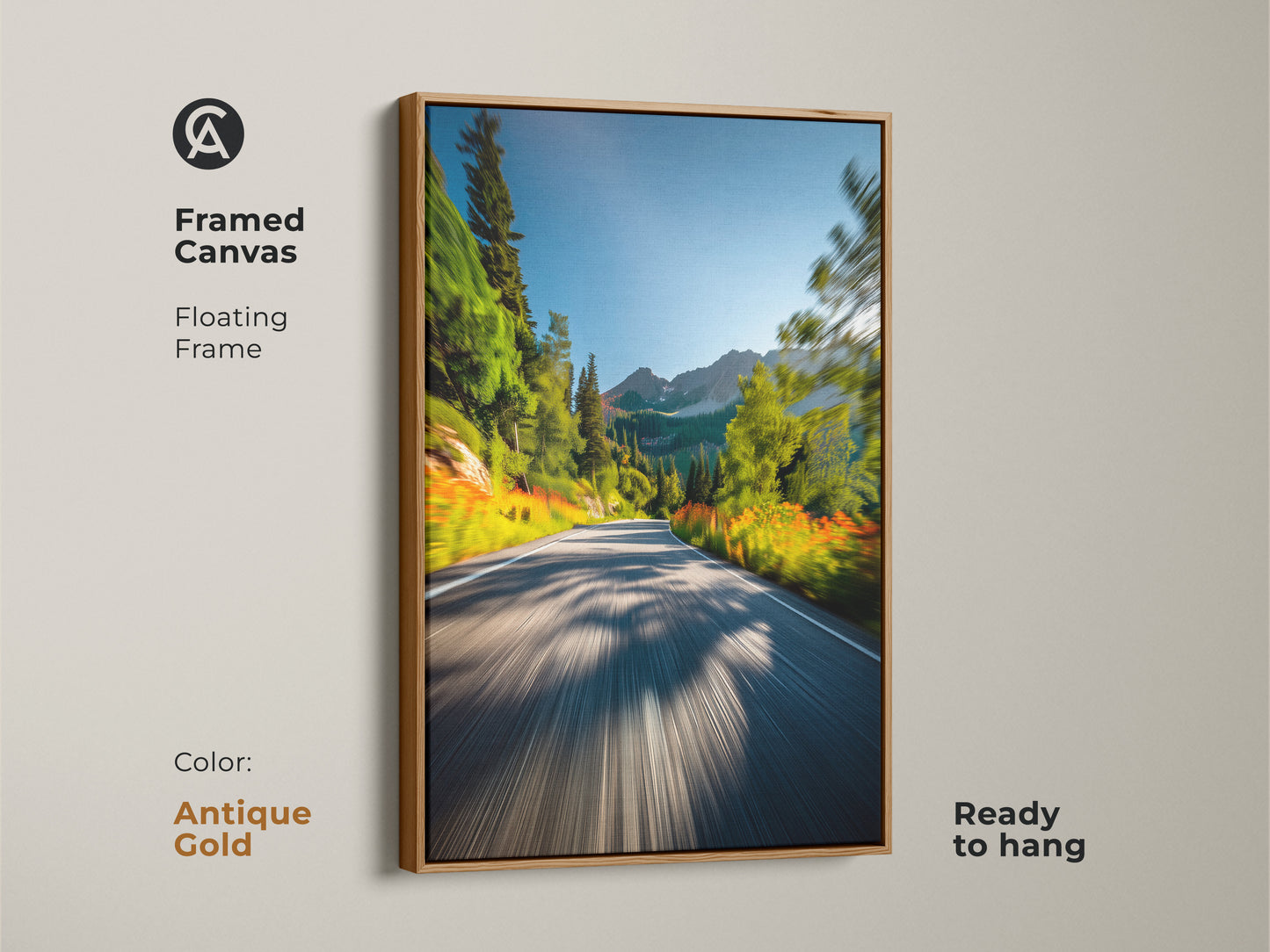 Antique gold framed canvas art featuring a mountain road. The floating frame enhances the artwork's elegance. This ready-to-hang piece adds a touch of vintage charm to your space. A beautiful art for any room.