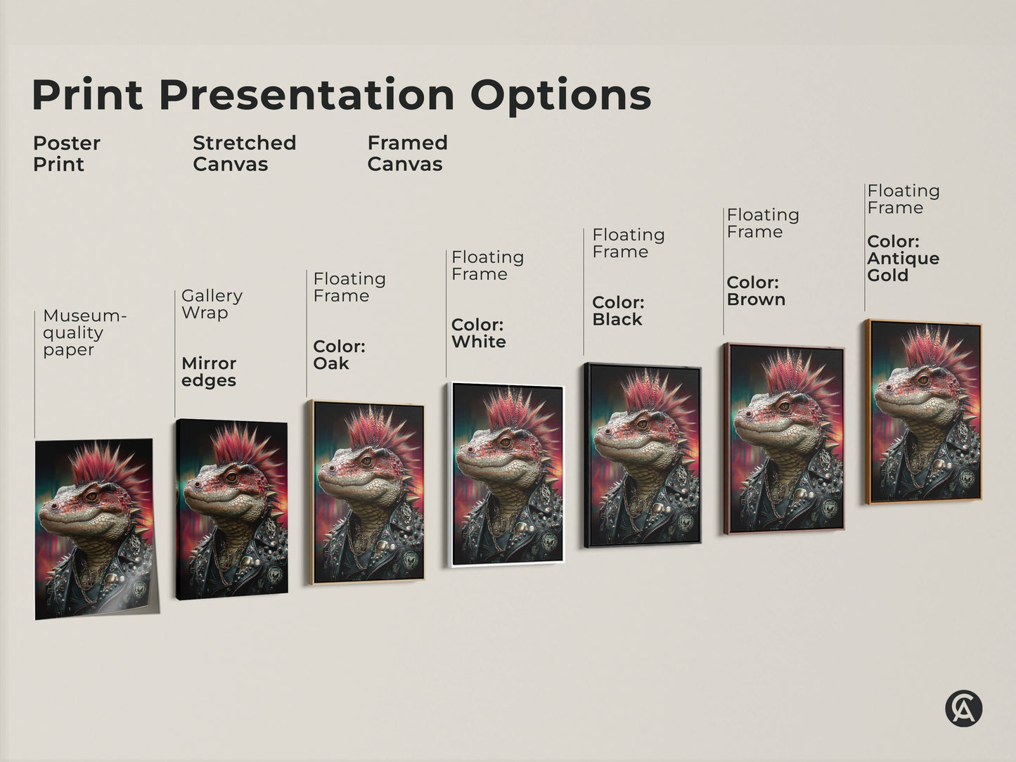 Print presentation options featuring punk lizard art. Choose from poster print stretched canvas or framed canvas. Gallery wrap and museum quality paper choices. Floating frame colors in oak white black brown and antique gold are available. Find your perfect punk art.