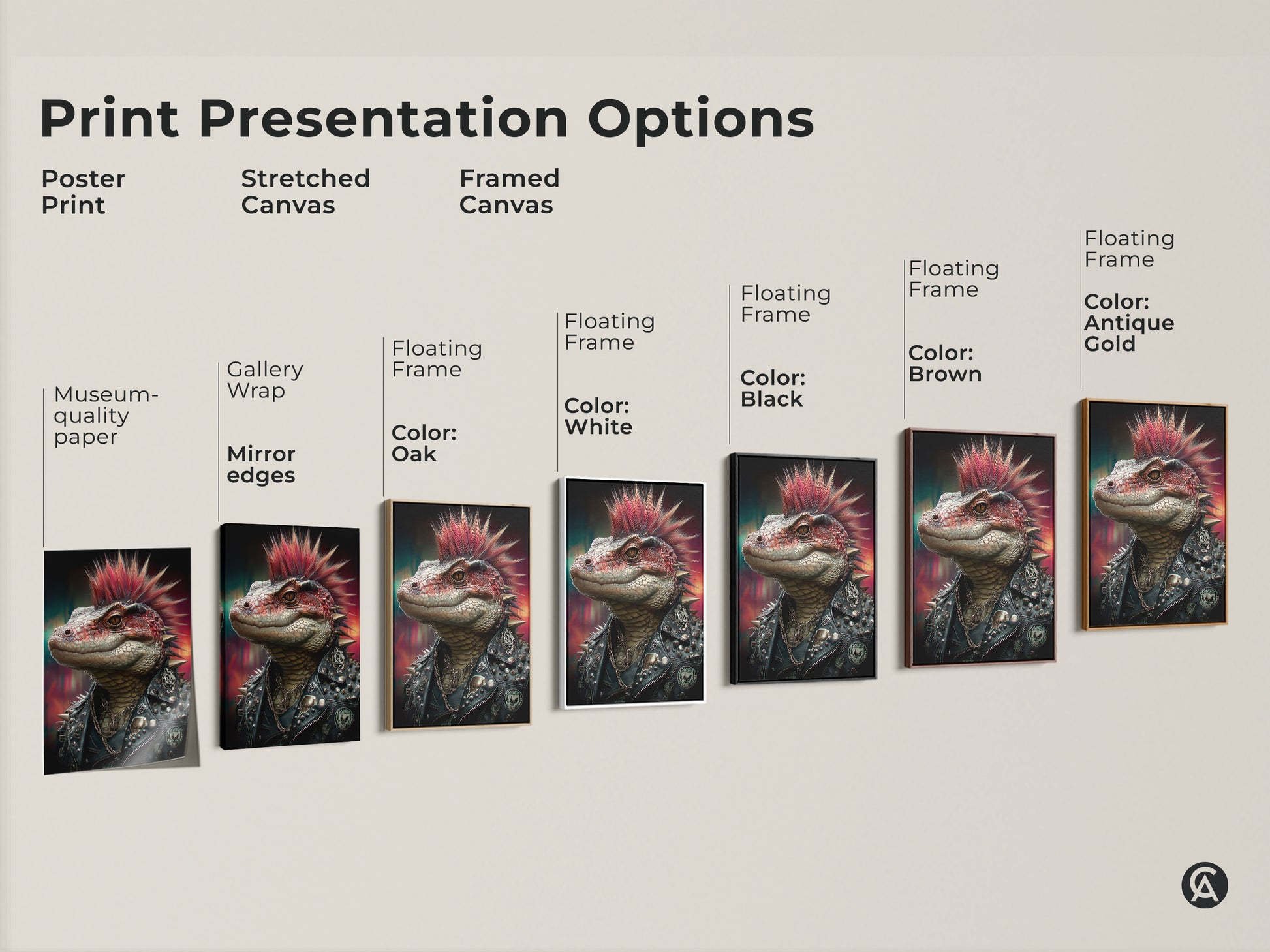 Print presentation options featuring punk lizard art. Choose from poster print stretched canvas or framed canvas. Gallery wrap and museum quality paper choices. Floating frame colors in oak white black brown and antique gold are available. Find your perfect punk art.