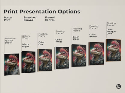 Print presentation options featuring punk lizard art. Choose from poster print stretched canvas or framed canvas. Gallery wrap and museum quality paper choices. Floating frame colors in oak white black brown and antique gold are available. Find your perfect punk art.