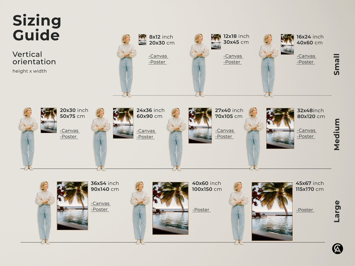 Sizing Guide for Vertical Orientation of Beachside Paradise Canvas and Poster Prints. Small medium and large sizes are available. Find the perfect fit for your coastal home decor. This tropical palm tree art will enhance any room. Transform your space.