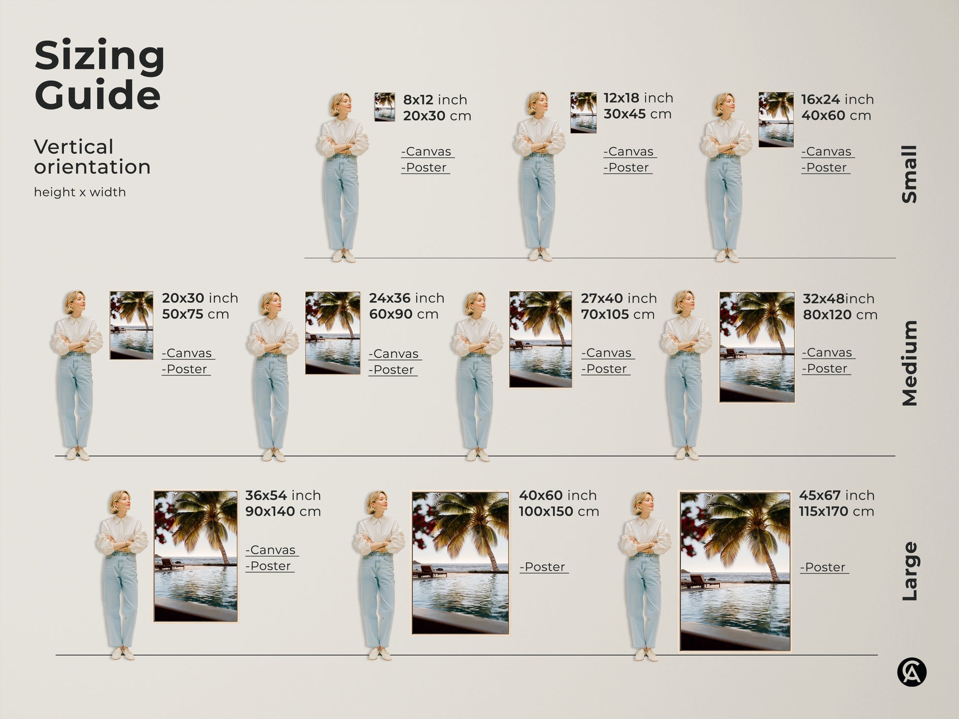 Sizing Guide for Vertical Orientation of Beachside Paradise Canvas and Poster Prints. Small medium and large sizes are available. Find the perfect fit for your coastal home decor. This tropical palm tree art will enhance any room. Transform your space.