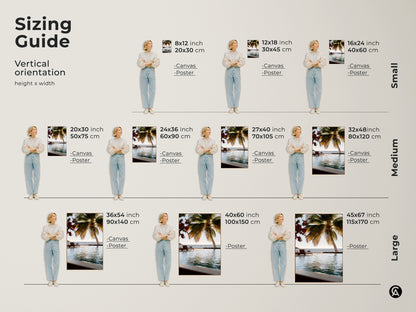 Sizing Guide for Vertical Orientation of Beachside Paradise Canvas and Poster Prints. Small medium and large sizes are available. Find the perfect fit for your coastal home decor. This tropical palm tree art will enhance any room. Transform your space.