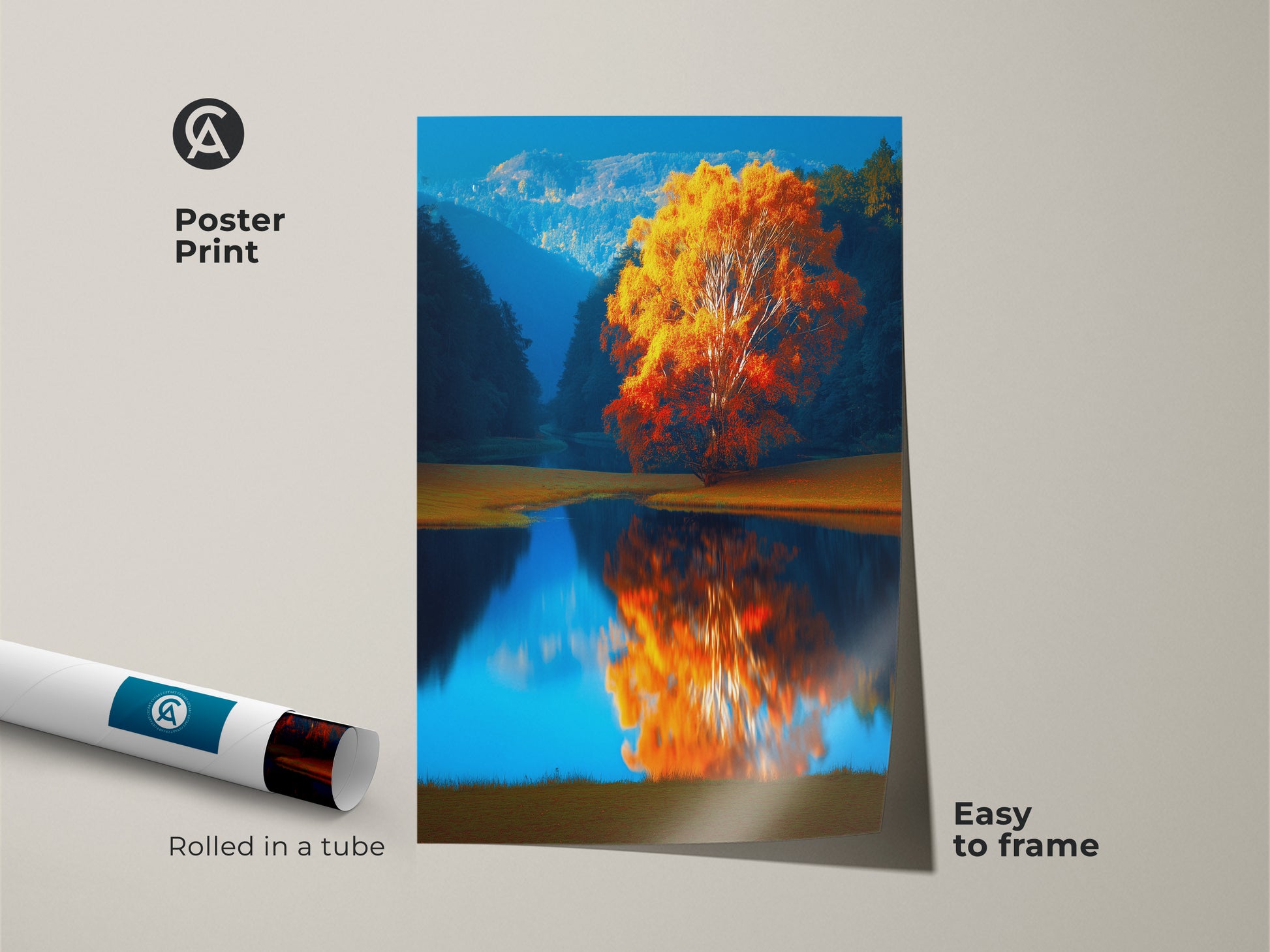 Poster Print of Autumn Tree by Lake rolled in tube. Impressionistic landscape art easy to frame. This nature inspired artwork features warm orange yellow colors reflecting on blue lake. Ideal for housewarming gift art. Enhance your living space with this vibrant tree art print.
