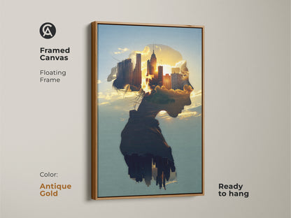 Framed Canvas featuring double exposure cityscape artwork in an Antique Gold floating frame. A surreal female profile merges with a golden hour city skyline. The contemporary artwork is ready to hang as modern home office art. The urban landscape is perfect as bedroom decor.