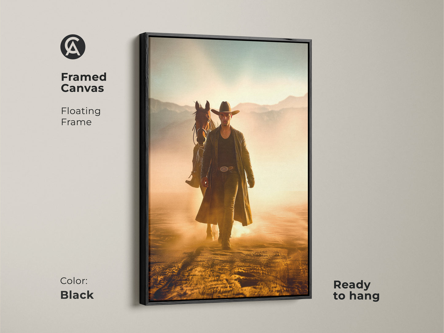 Framed canvas art of a cowboy and horse set in a rustic Western landscape. The floating frame is black and the artwork is ready to hang. Displaying golden yellow and dusty orange hues it evokes a sense of adventure. Great wall decor for Western themed spaces.