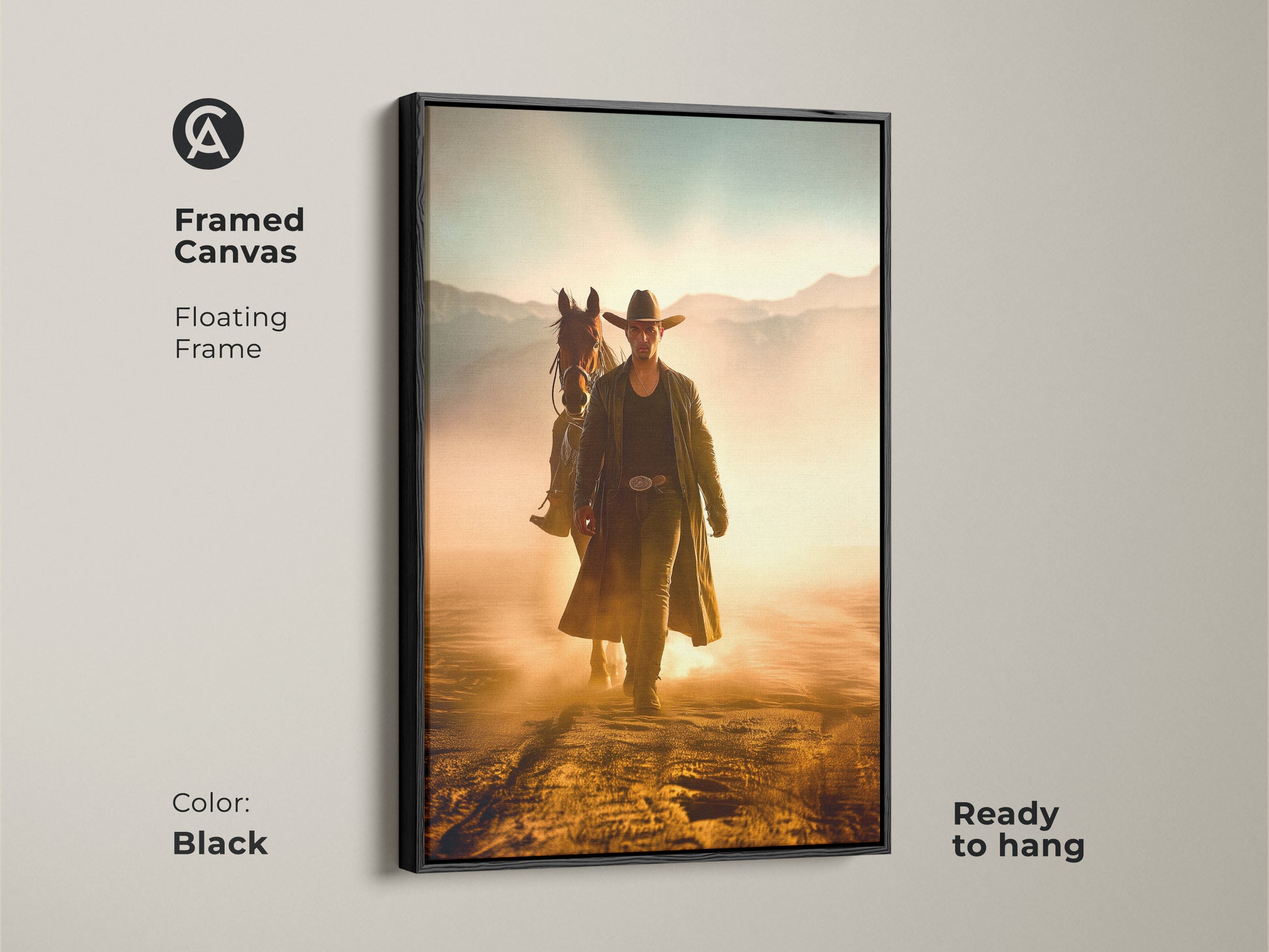 Framed canvas art of a cowboy and horse set in a rustic Western landscape. The floating frame is black and the artwork is ready to hang. Displaying golden yellow and dusty orange hues it evokes a sense of adventure. Great wall decor for Western themed spaces.
