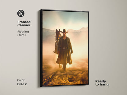 Framed canvas art of a cowboy and horse set in a rustic Western landscape. The floating frame is black and the artwork is ready to hang. Displaying golden yellow and dusty orange hues it evokes a sense of adventure. Great wall decor for Western themed spaces.