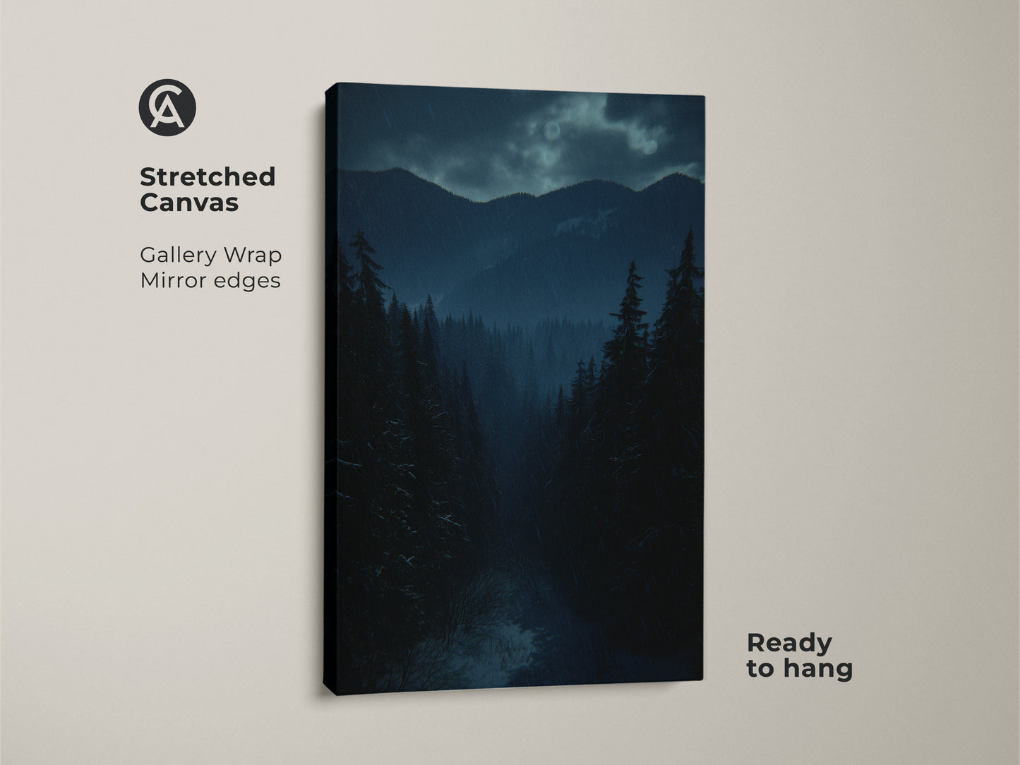 Stretched canvas featuring moody mountain wall art. Deep blue landscape print showcases teal pine tree artwork. This rustic cabin decor is ready to hang with gallery wrapped mirror edges.