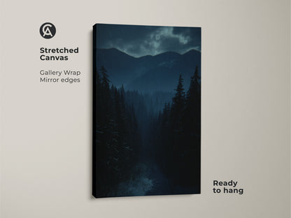 Stretched canvas featuring moody mountain wall art. Deep blue landscape print showcases teal pine tree artwork. This rustic cabin decor is ready to hang with gallery wrapped mirror edges.