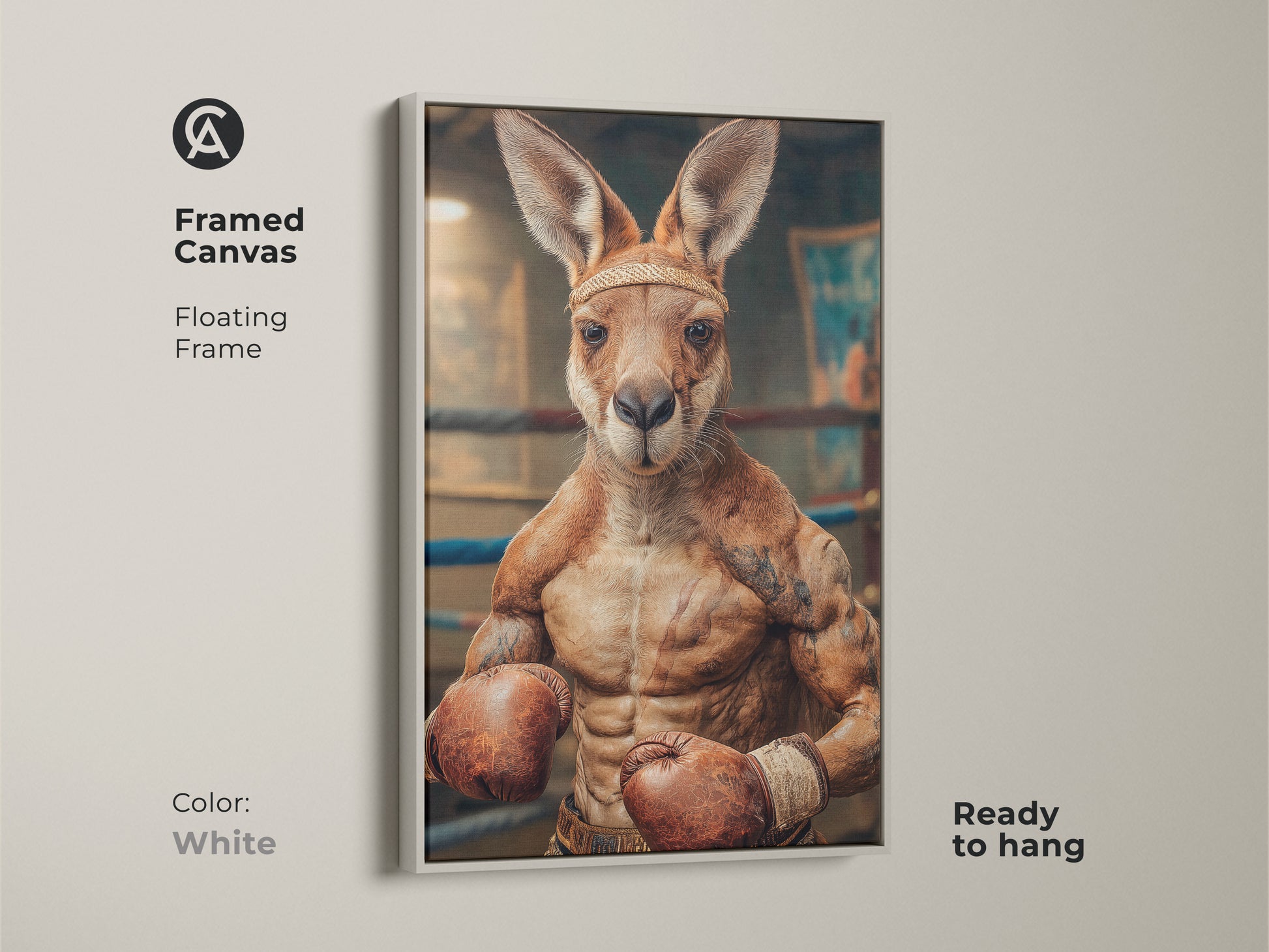 Framed canvas featuring a kangaroo boxer in a white floating frame. Perfect as office wall artwork or as a funny animal art piece. This unique wall hanging will brighten any room. A great sports canvas or custom boxer gift.
