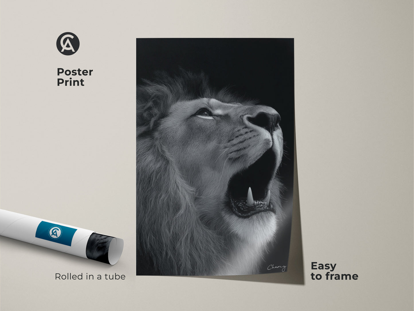 Photorealistic lion artwork available as a poster print. Black and white animal art rolled in a tube easy to frame. This monochrome wildlife print offers contemporary home decor style. Ideal as a dramatic lion face art gift for animal lovers. Perfect lion king of jungle art.