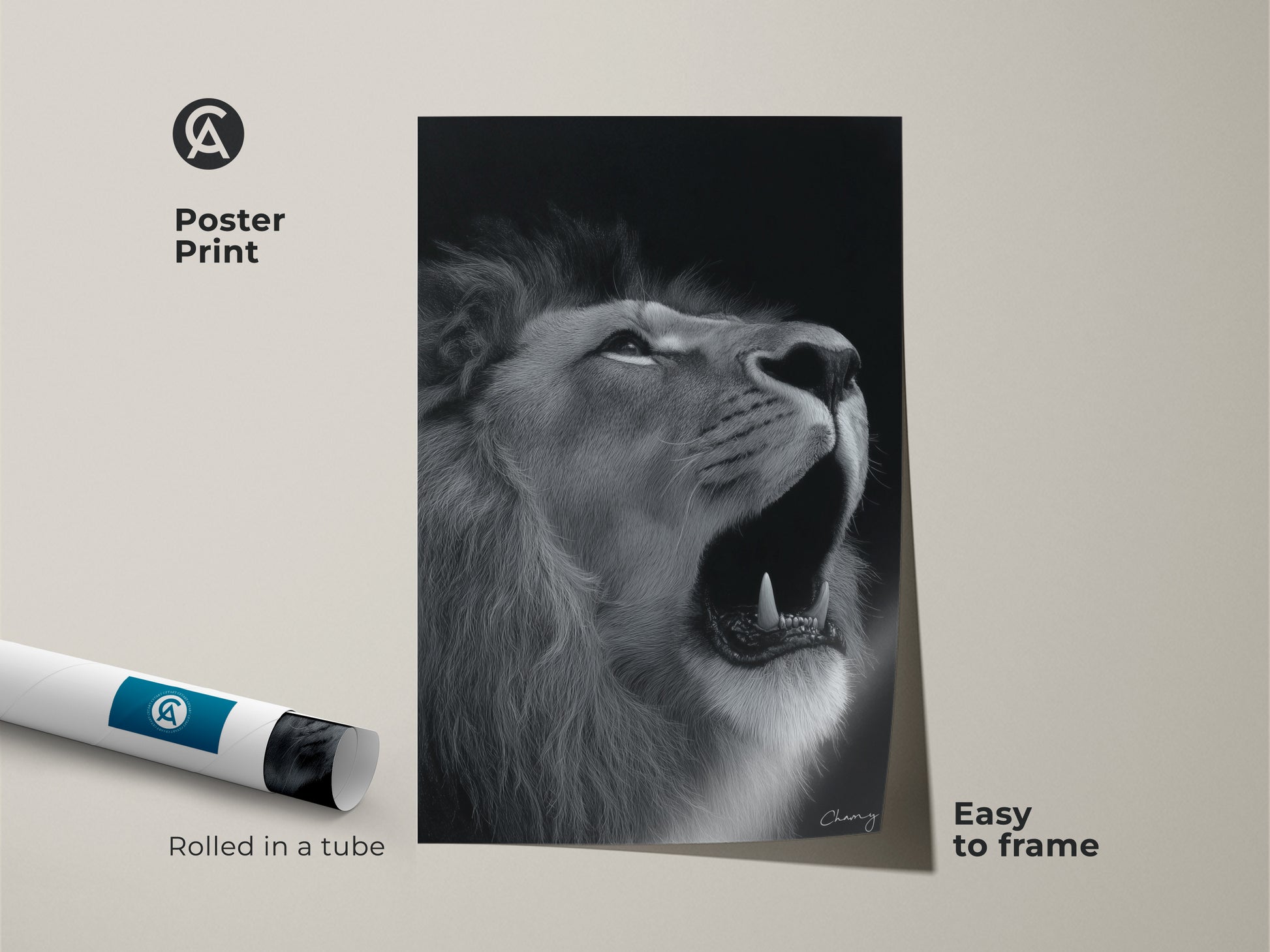 Photorealistic lion artwork available as a poster print. Black and white animal art rolled in a tube easy to frame. This monochrome wildlife print offers contemporary home decor style. Ideal as a dramatic lion face art gift for animal lovers. Perfect lion king of jungle art.