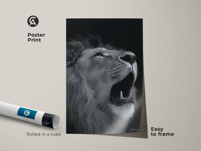 Photorealistic lion artwork available as a poster print. Black and white animal art rolled in a tube easy to frame. This monochrome wildlife print offers contemporary home decor style. Ideal as a dramatic lion face art gift for animal lovers. Perfect lion king of jungle art.