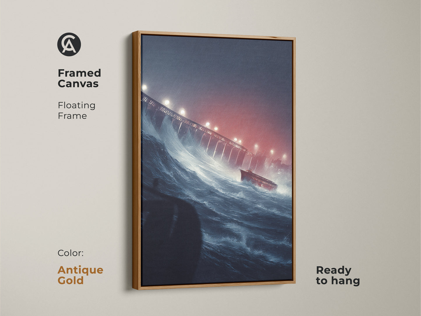 Framed canvas of a ship in a stormy sea with a floating antique gold frame. This powerful sea art print features dark blue waves and a red ship near a bridge. Ready to hang this eclectic artwork adds a cinematic touch to any room.