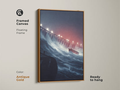 Framed canvas of a ship in a stormy sea with a floating antique gold frame. This powerful sea art print features dark blue waves and a red ship near a bridge. Ready to hang this eclectic artwork adds a cinematic touch to any room.
