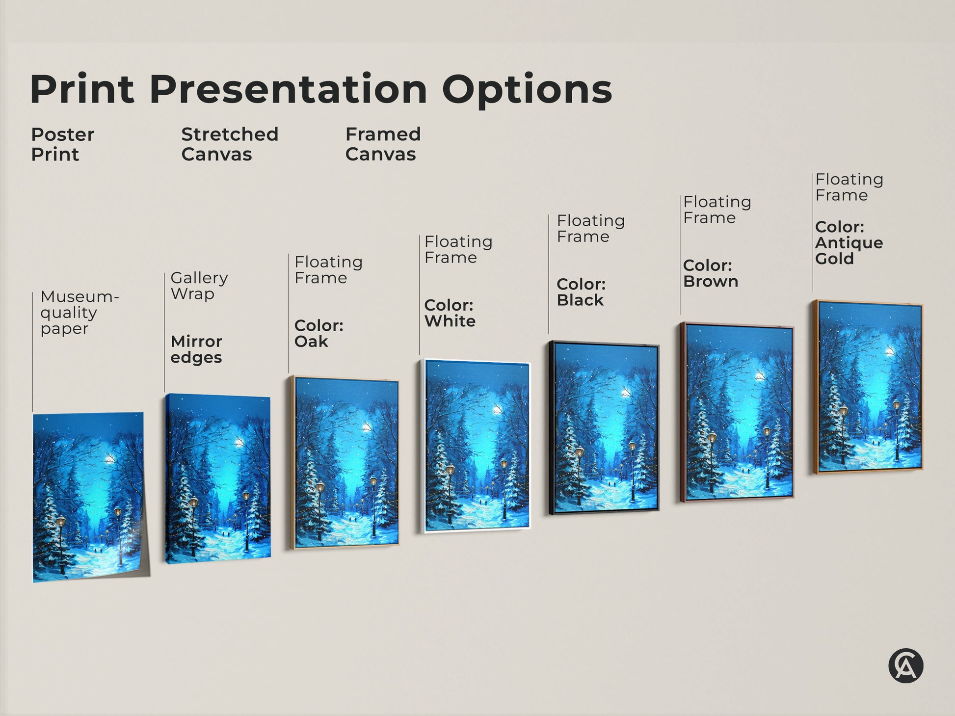 Explore print presentation options for deep blue snowy forest artwork. Choose from poster print stretched canvas or framed canvas. Museum quality paper gallery wrap and floating frames are available. Find the perfect winter forest canvas art for cozy Christmas decor. Ideal as a holiday gift for her