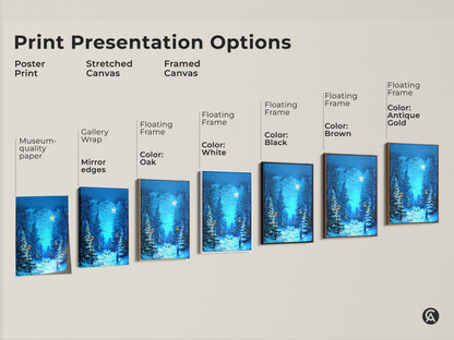 Explore print presentation options for deep blue snowy forest artwork. Choose from poster print stretched canvas or framed canvas. Museum quality paper gallery wrap and floating frames are available. Find the perfect winter forest canvas art for cozy Christmas decor. Ideal as a holiday gift for her