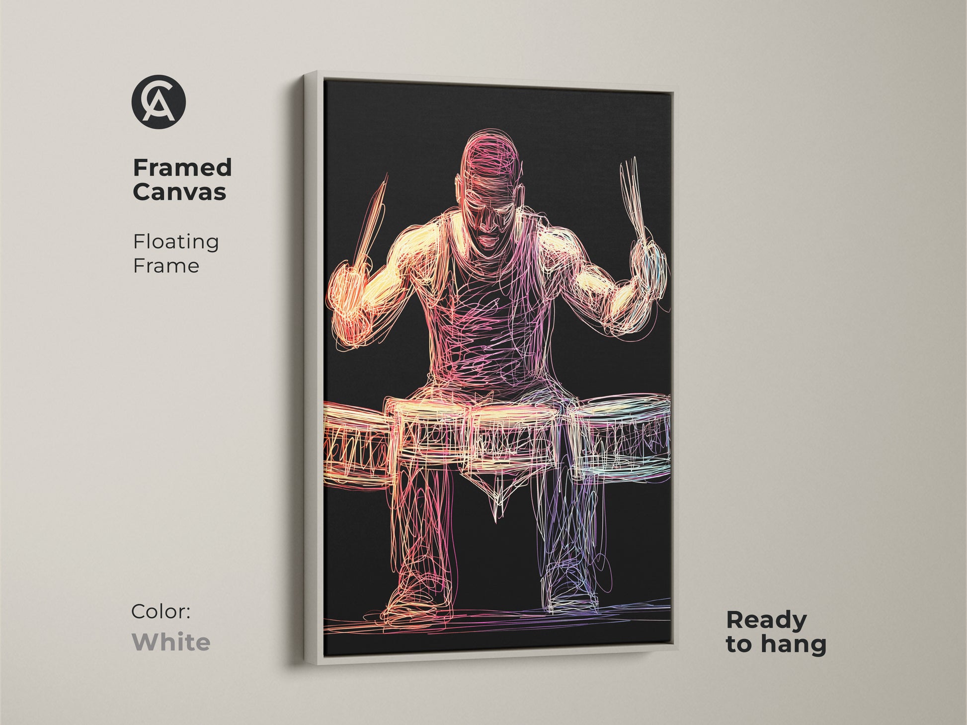Brighten your space with this framed abstract drummer canvas. The floating frame makes the red pink yellow and purple hues pop. It's ready to hang in a clean white frame. This modern accent is a fit for a music lover's home or office. Gift this framed drummer artwork for an elegant touch.
