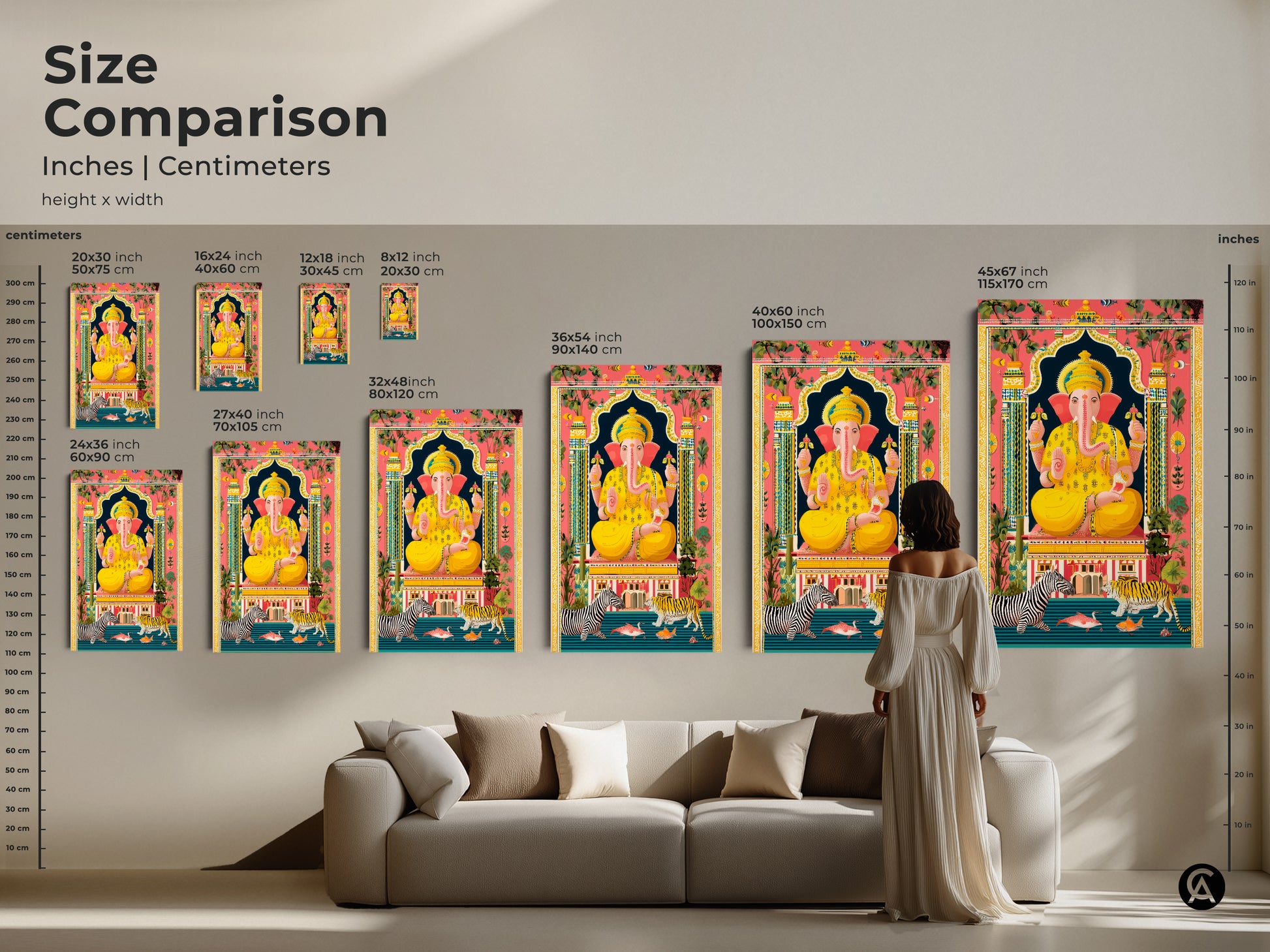 Size comparison for Spiritual Ganesha Wall Art. See the inches and centimeters for each height and width. There's canvas and poster options to decorate your space with spiritual art. Find the perfect fit for your home decor