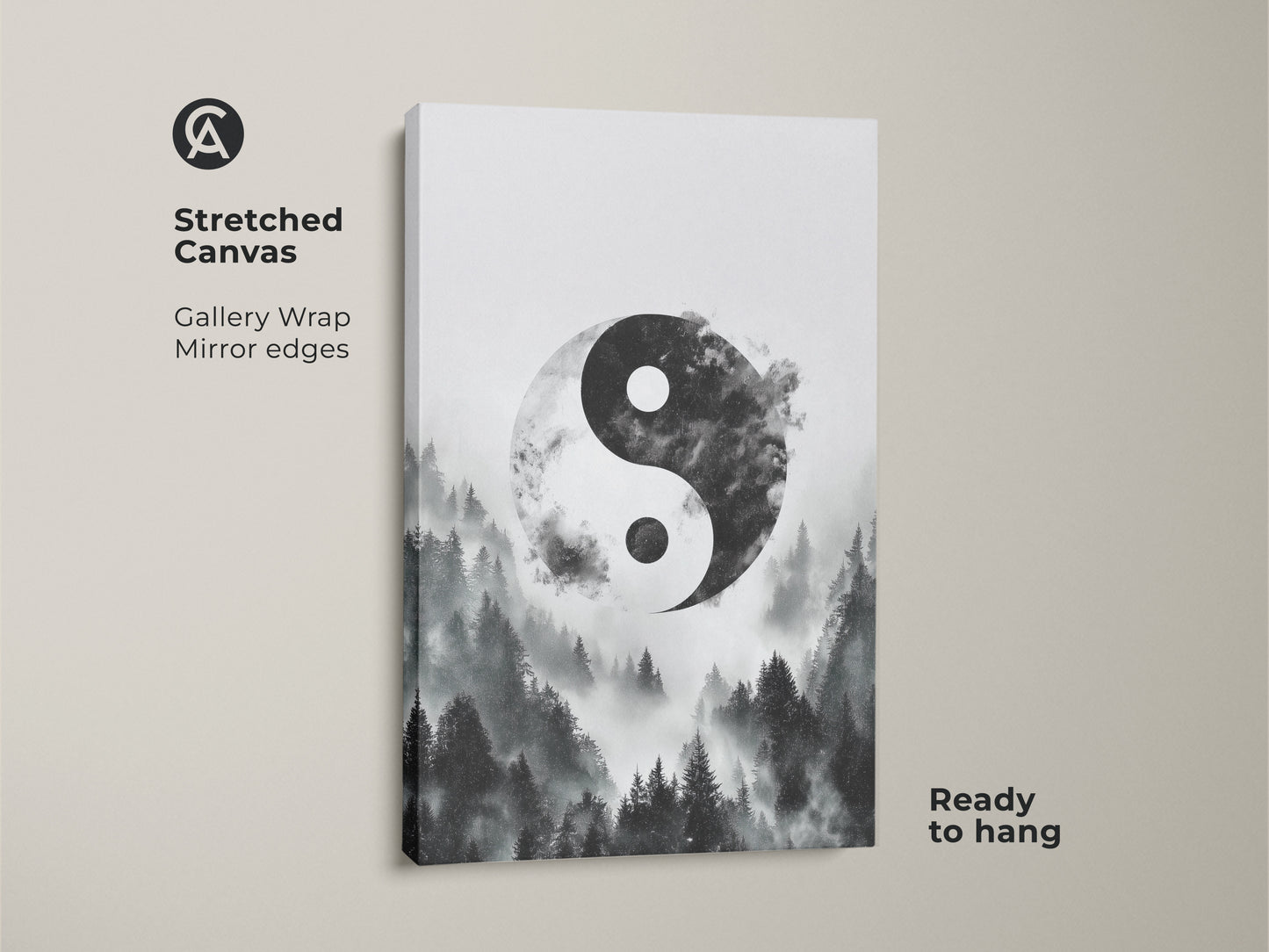 Stretched canvas of minimalist Yin Yang art. The monochrome forest print shows the Yin Yang symbol in a misty forest. Gallery wrapped with mirrored edges it is ready to hang.