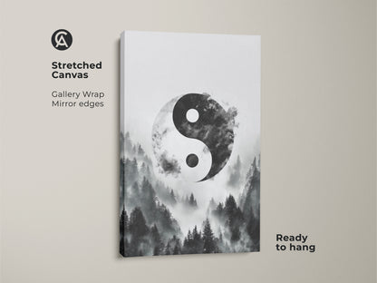 Stretched canvas of minimalist Yin Yang art. The monochrome forest print shows the Yin Yang symbol in a misty forest. Gallery wrapped with mirrored edges it is ready to hang.