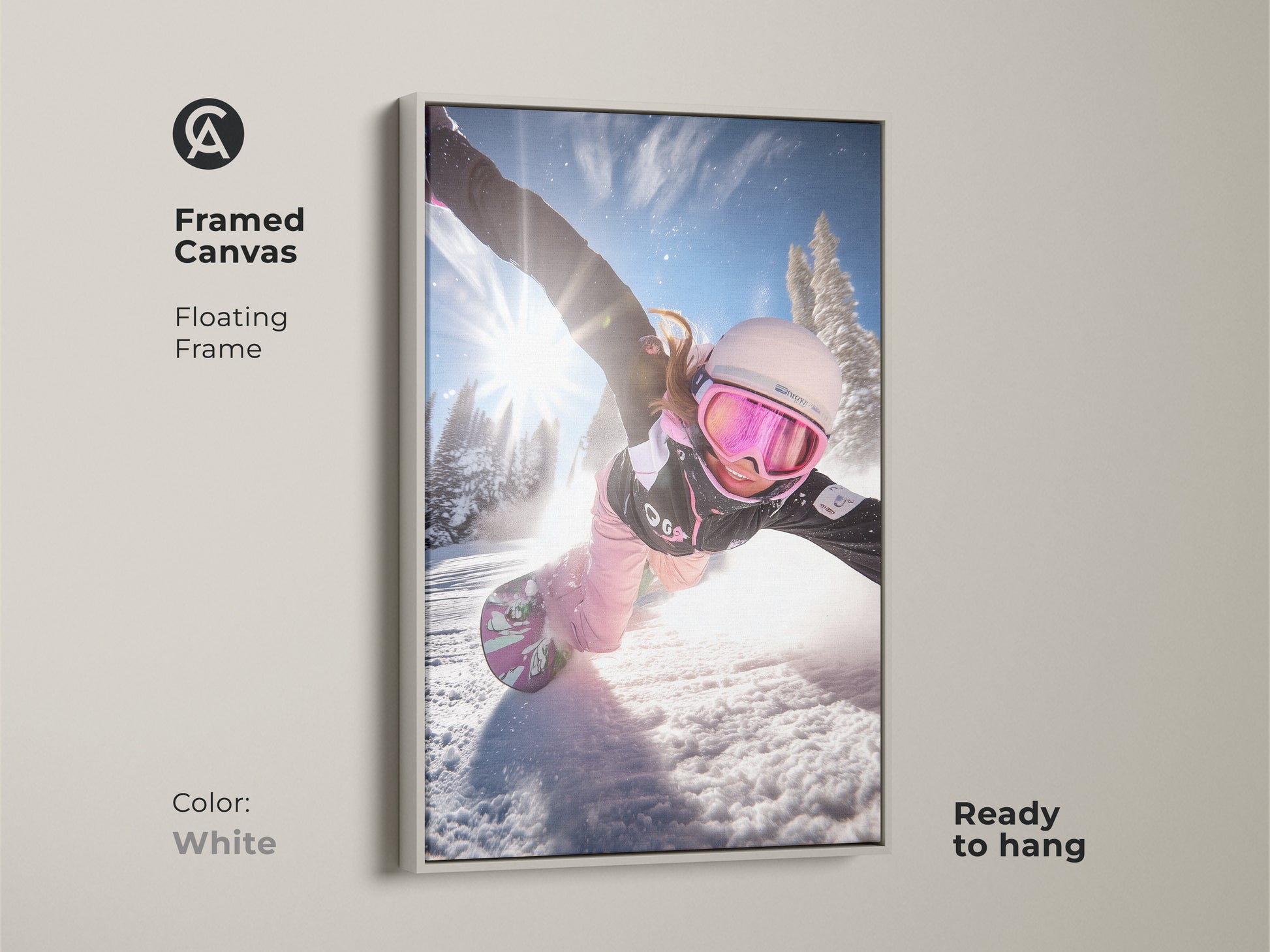 Framed canvas of a snowboarder in action. The white floating frame offers a clean look. This dynamic winter sports print is ready to hang. Ideal wall art for contemporary home decor.