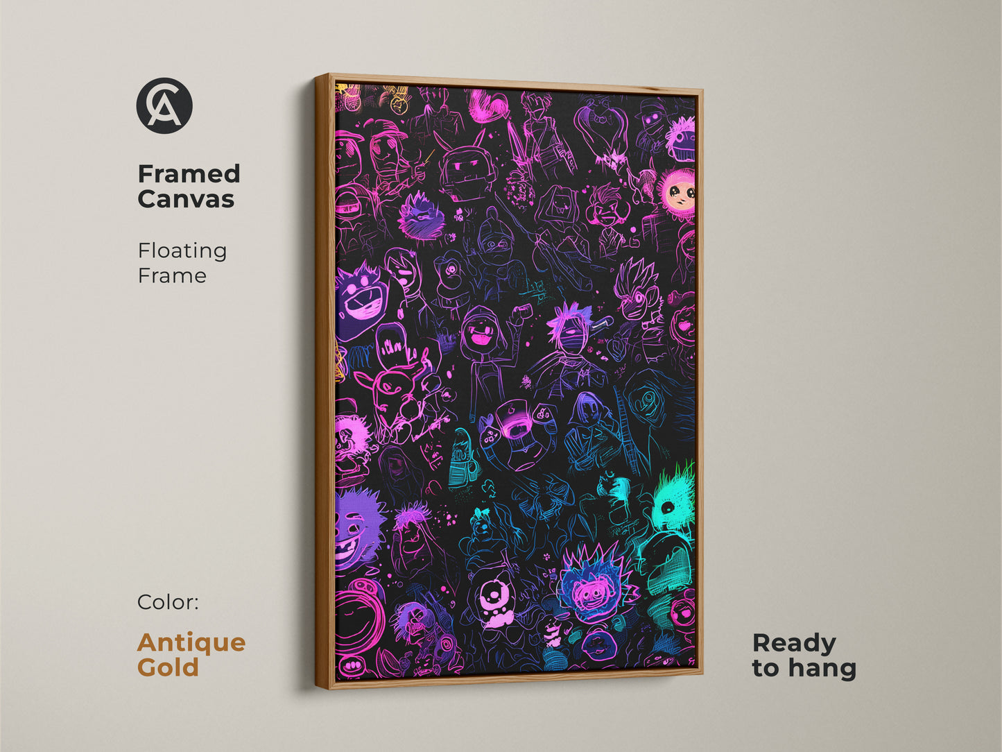Neon cartoon character art in a antique gold framed canvas. This artwork features a floating frame. It is ready to hang and will add a touch of elegance to your decor. The neon colors create a visually stunning effect. This is a must-have for any cartoon fan
