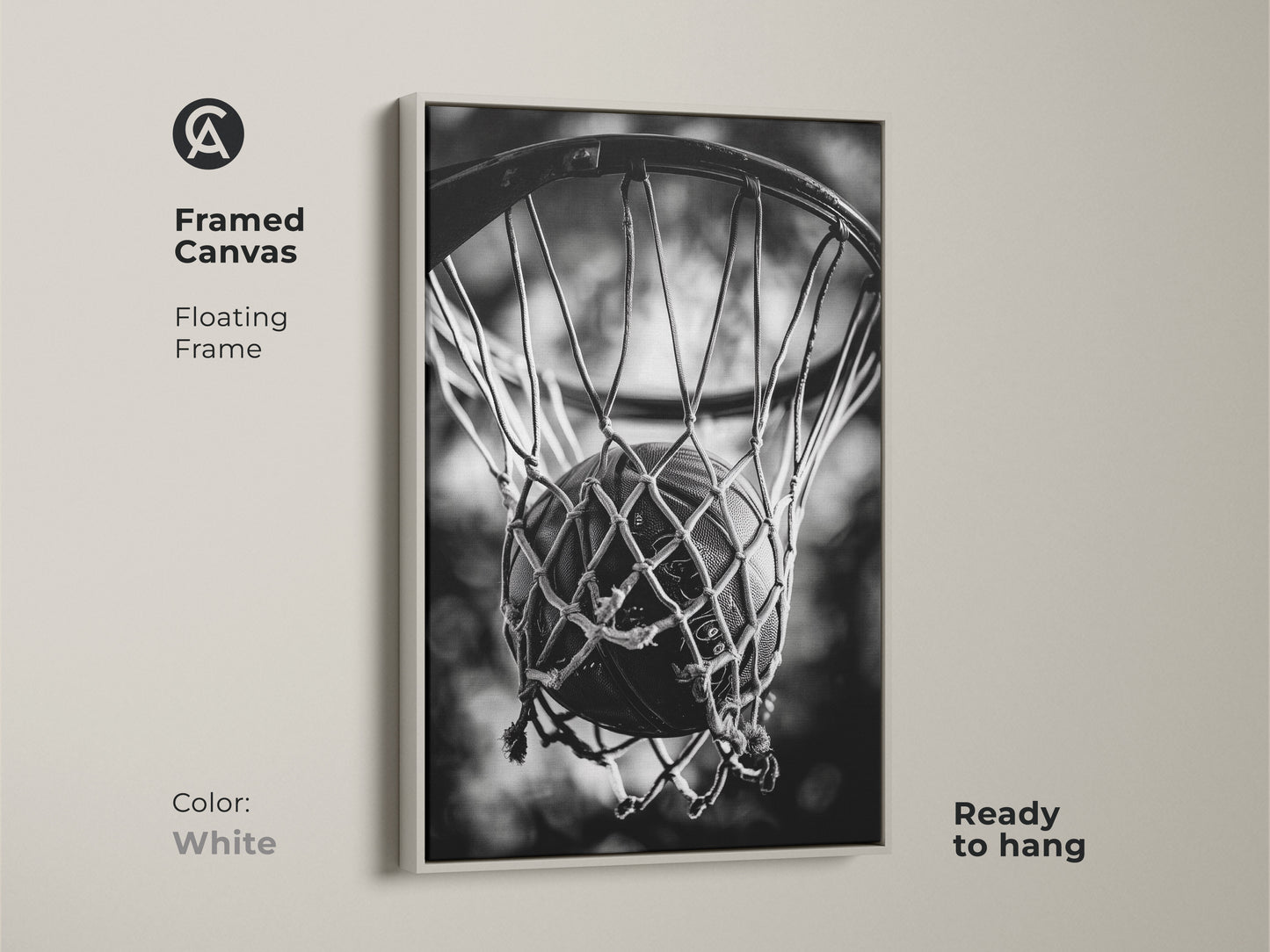 White framed basketball canvas art. This floating frame canvas is ready to hang. The white frame offers a clean look to the black and white basketball art. This artwork will complement any room decor.