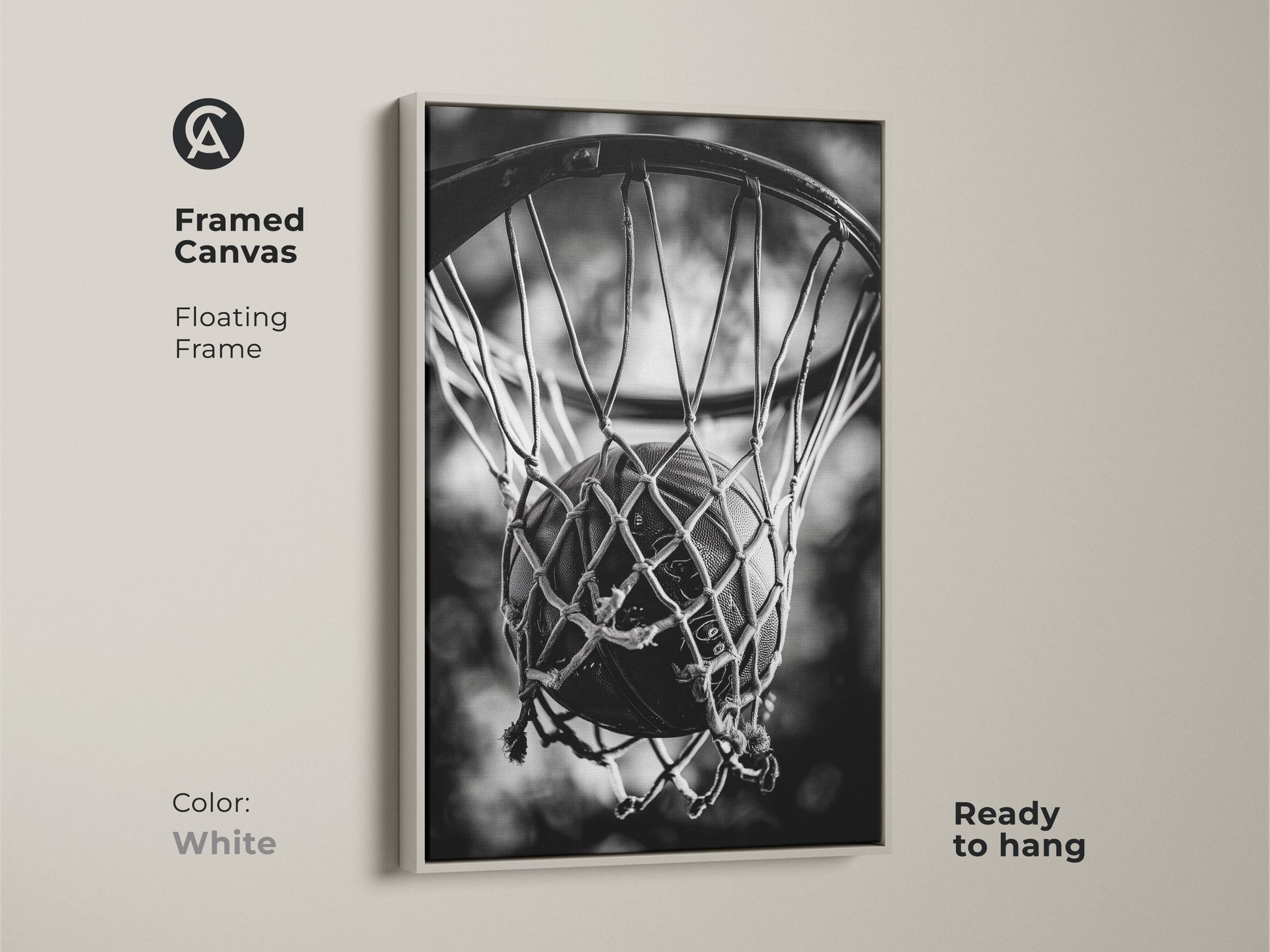 White framed basketball canvas art. This floating frame canvas is ready to hang. The white frame offers a clean look to the black and white basketball art. This artwork will complement any room decor.