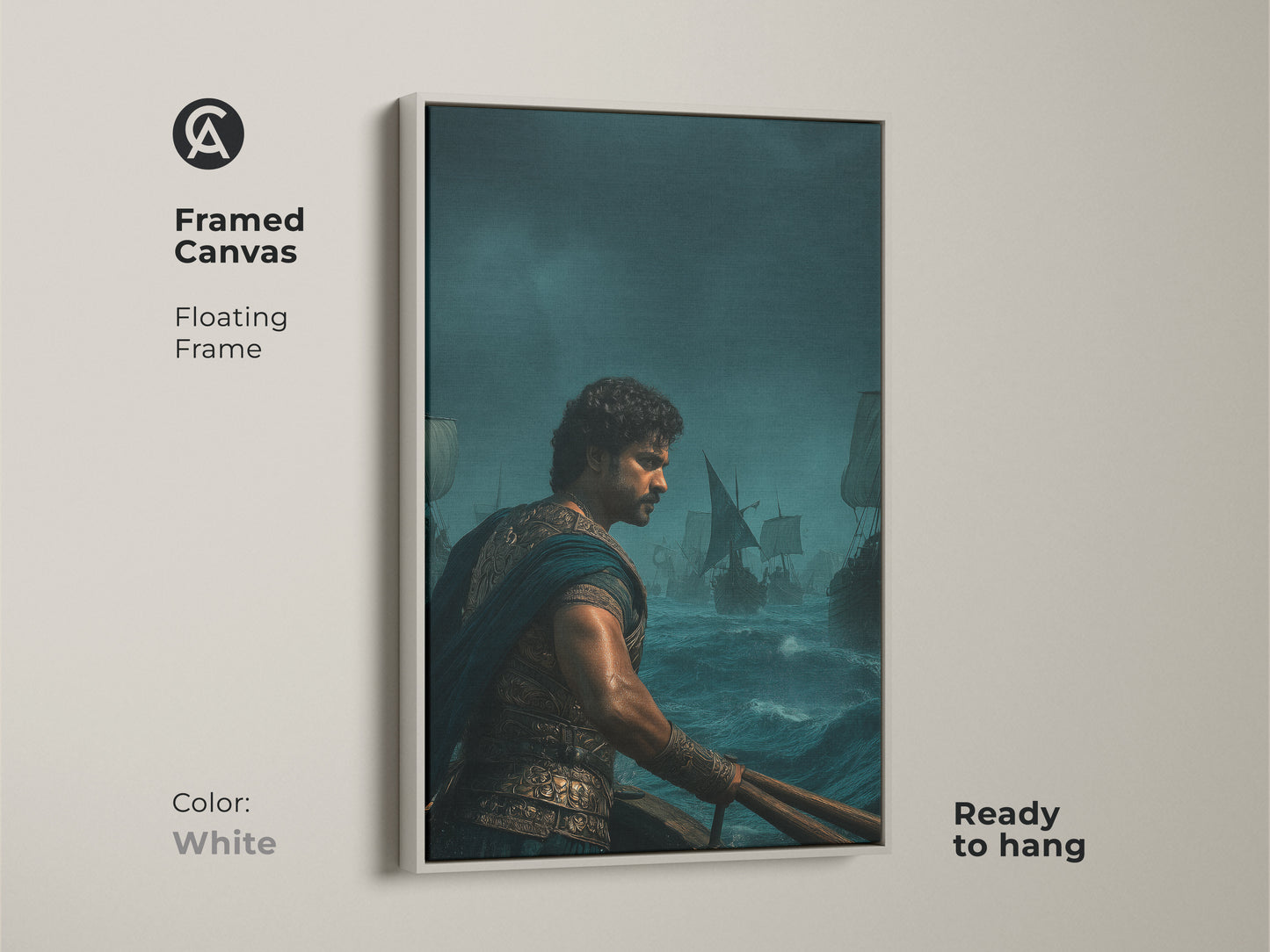 Framed canvas art featuring historical maritime artwork. The warrior sailing ship print in navy gold and teal adds epic adventure to any space. It enhances a study room with unique wall decor. This gift for history lovers is a bold statement for a man cave wall. The white floating frame highlights classic maritime decor