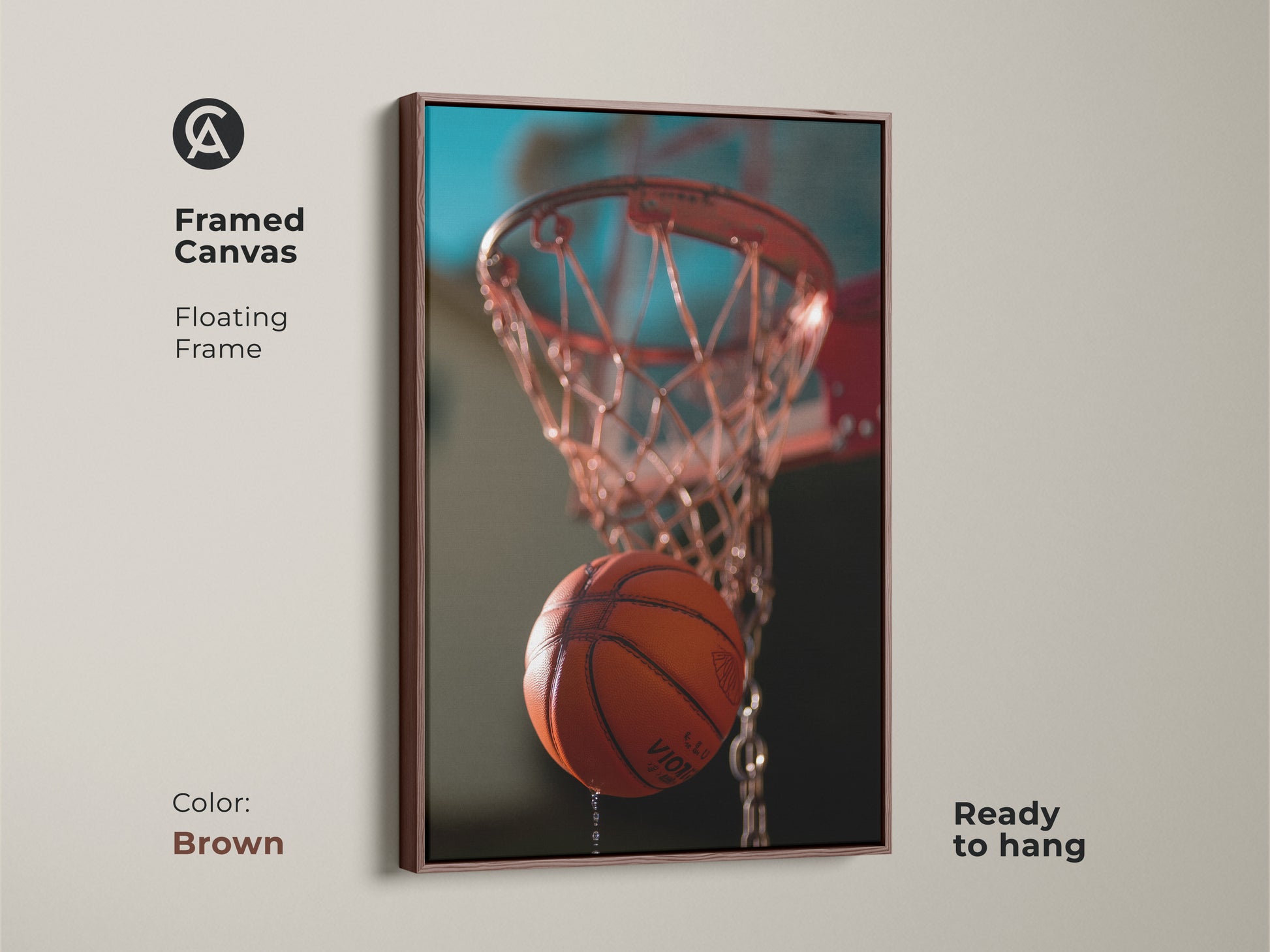 This is a framed canvas of basketball game art. This action shot basketball print has a floating frame. The brown frame is ready to hang. The orange and teal sports decor is perfect for an office. It's an adrenaline art piece.