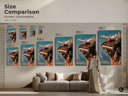 Size comparison of the steampunk piano canvas and poster prints. See how the sizes range from small to large. Ideal for creating a focal point in any living room or studio. Find the perfect fit for your unique aesthetic.