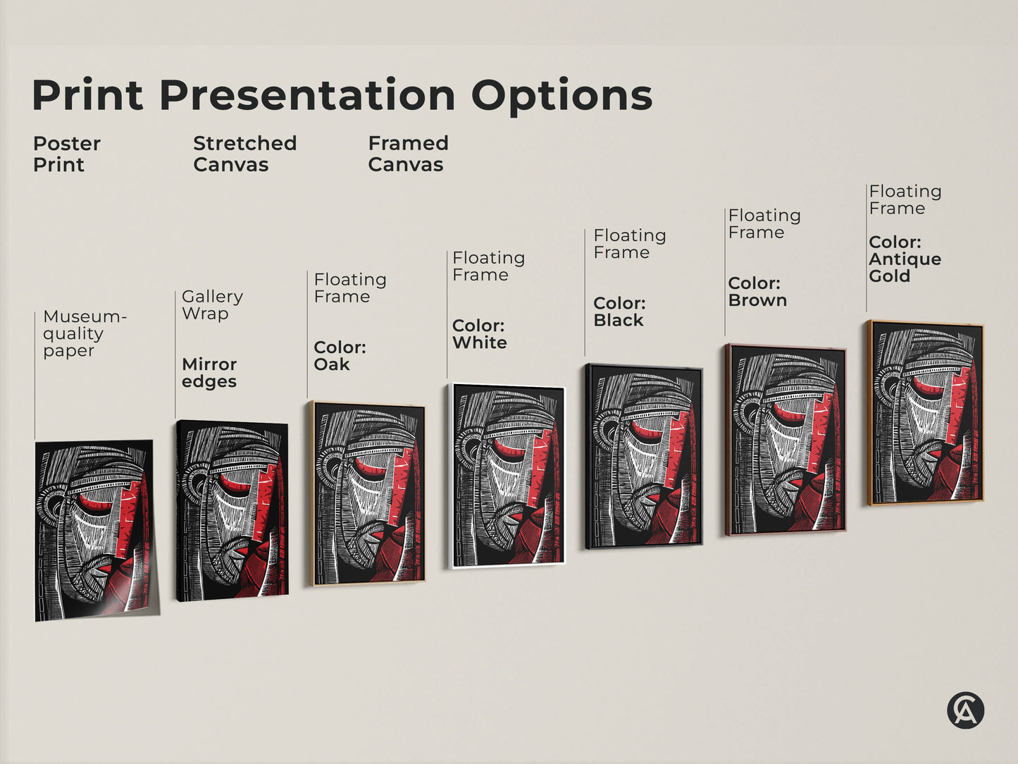 Explore print presentation options for abstract face art. Choose from poster prints stretched canvas and framed canvas. Options include museum-quality paper gallery wrap and floating frames in various colors. Find the perfect style for your modern office decor.