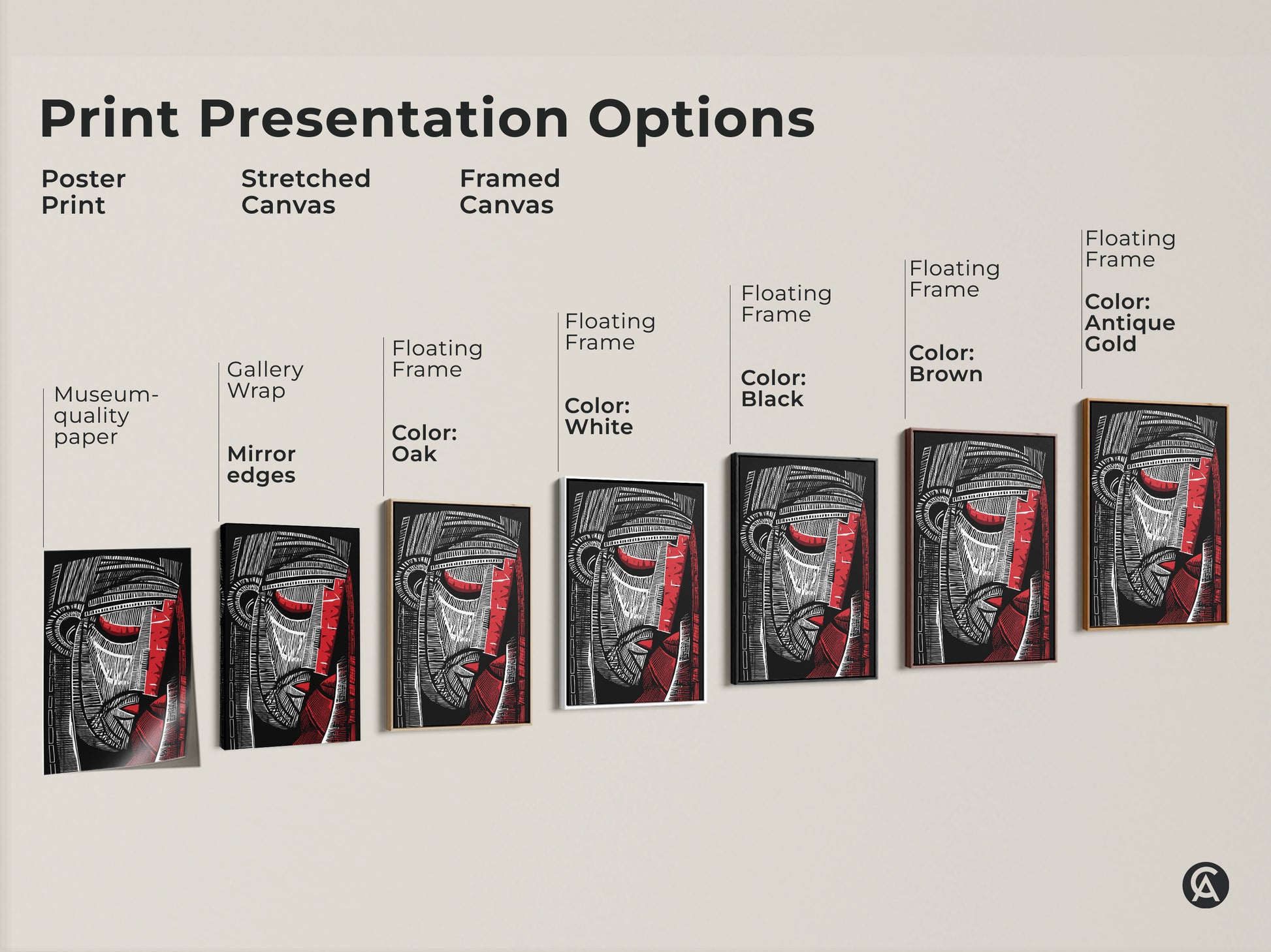 Explore print presentation options for abstract face art. Choose from poster prints stretched canvas and framed canvas. Options include museum-quality paper gallery wrap and floating frames in various colors. Find the perfect style for your modern office decor.