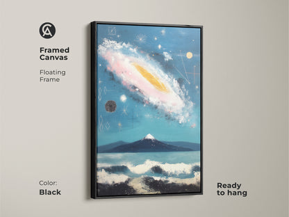 Framed abstract canvas artwork featuring a floating frame in brown. This art is ready to hang. The painting features a space theme with cosmic ocean waves. The colors are deep blue teal. A unique eclectic art.