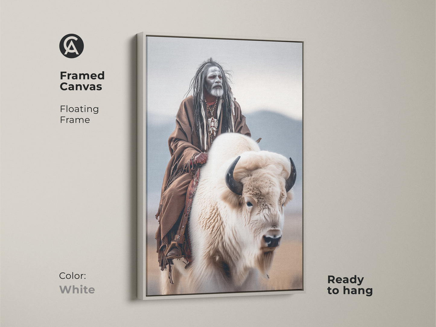 Framed canvas art of a Native American man riding a white buffalo. The floating frame is white. This ready-to-hang artwork celebrates indigenous heritage. It's an excellent addition to any art collection. Shop for framed Native American prints today.