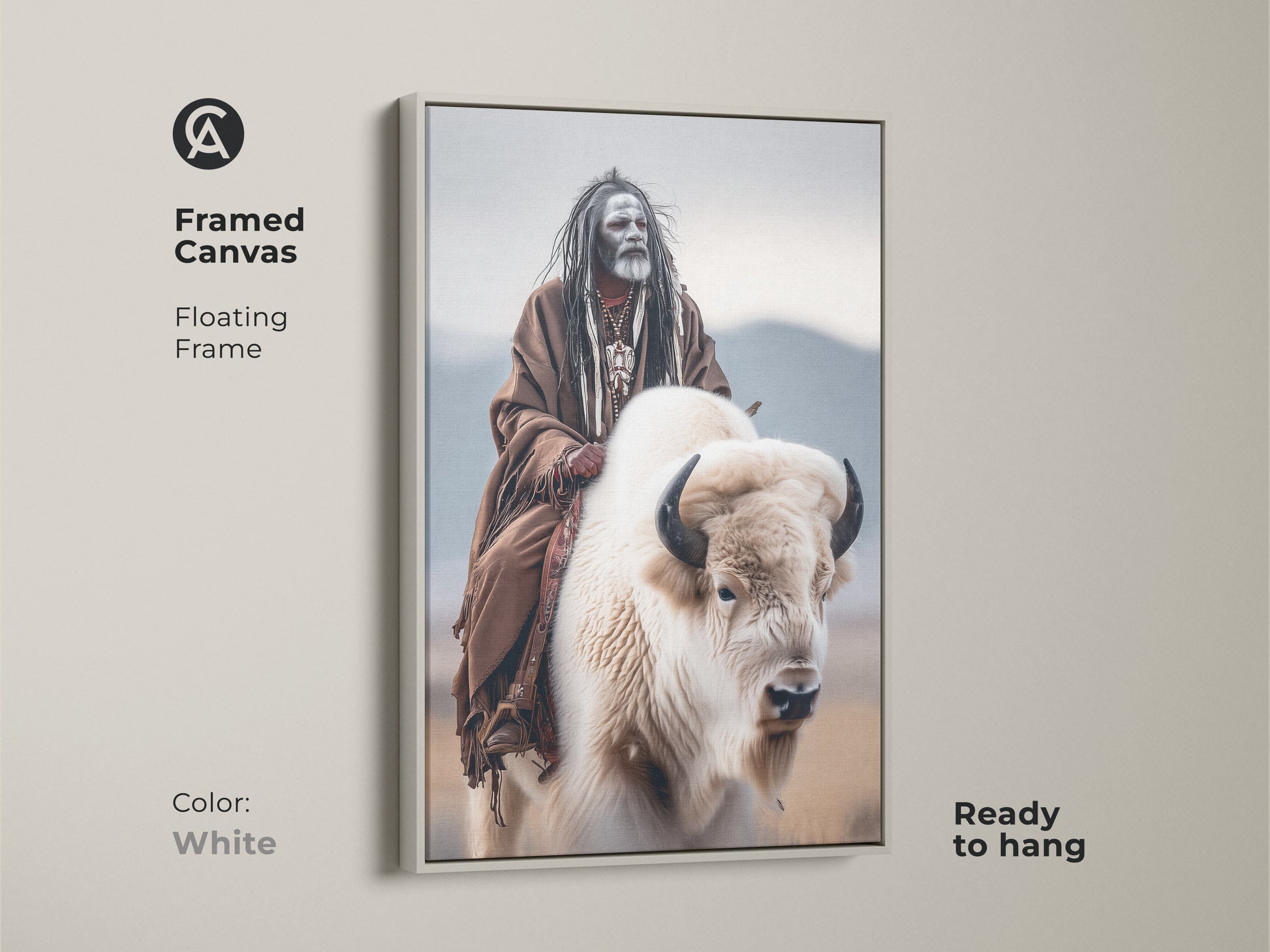 Framed canvas art of a Native American man riding a white buffalo. The floating frame is white. This ready-to-hang artwork celebrates indigenous heritage. It's an excellent addition to any art collection. Shop for framed Native American prints today.